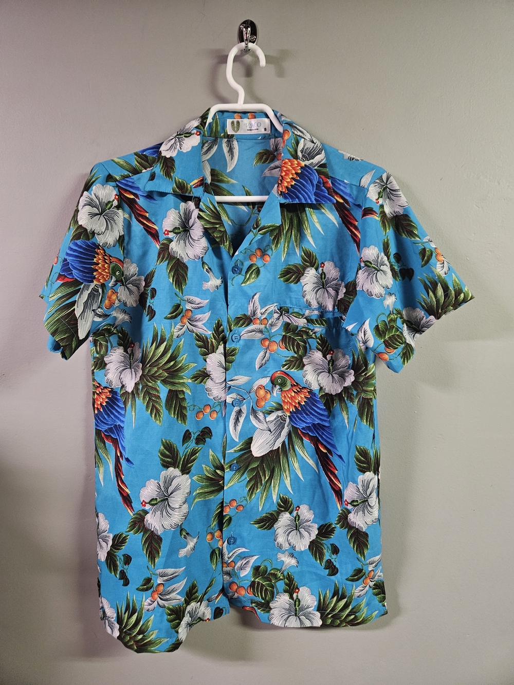 Men's Small Bright Blue Tropical Print Short-Sleeve Button-Down Hawaiian Shirt